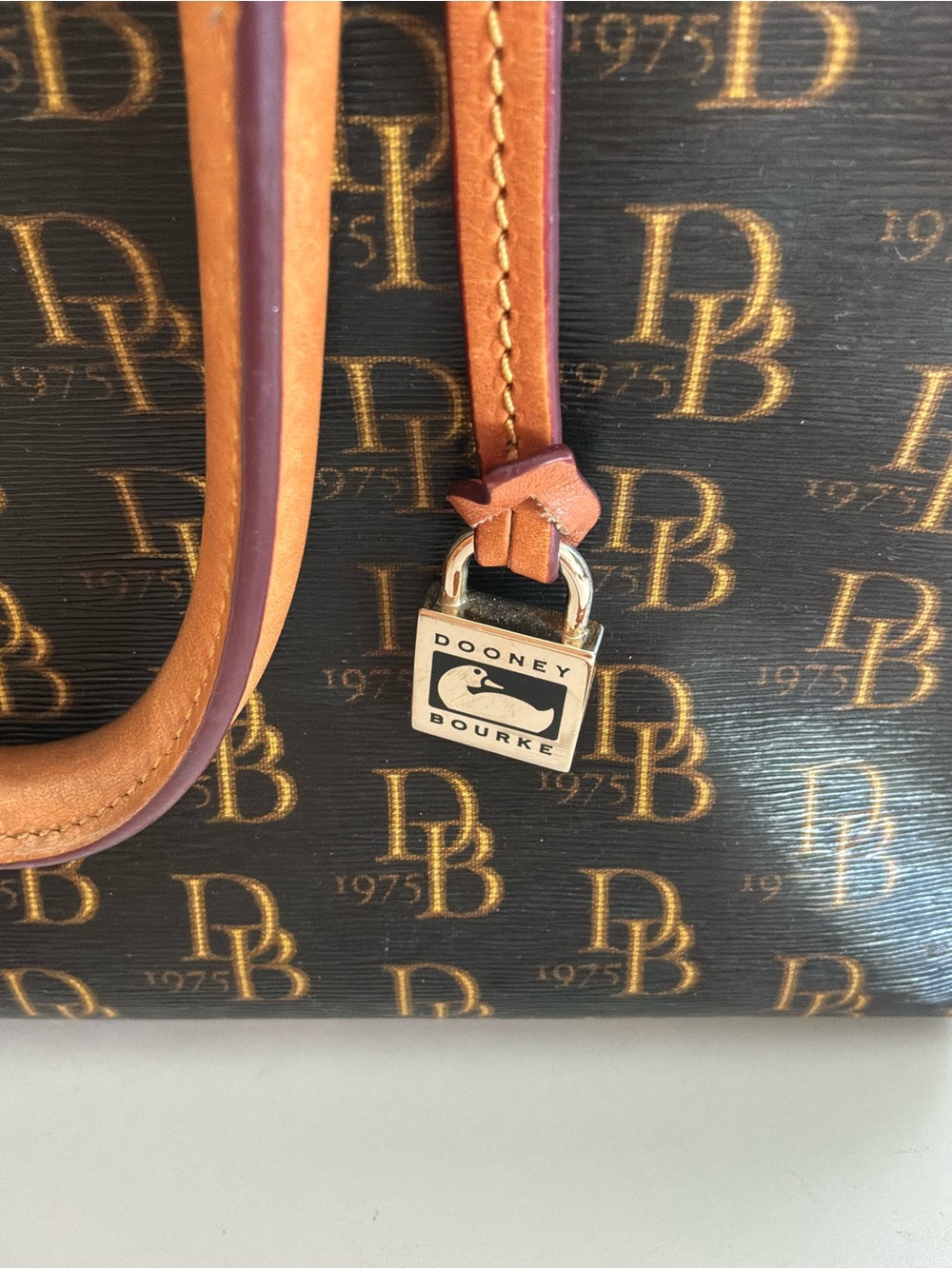 Dooney & Bourke Brown Logo Satchel with Tan Leather Trim and Crossbody Strap - Picture 3 of 16